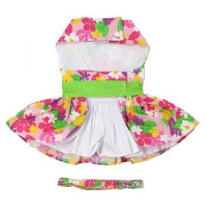 pink hawaiian floral dog harness dress with matching leash 9053